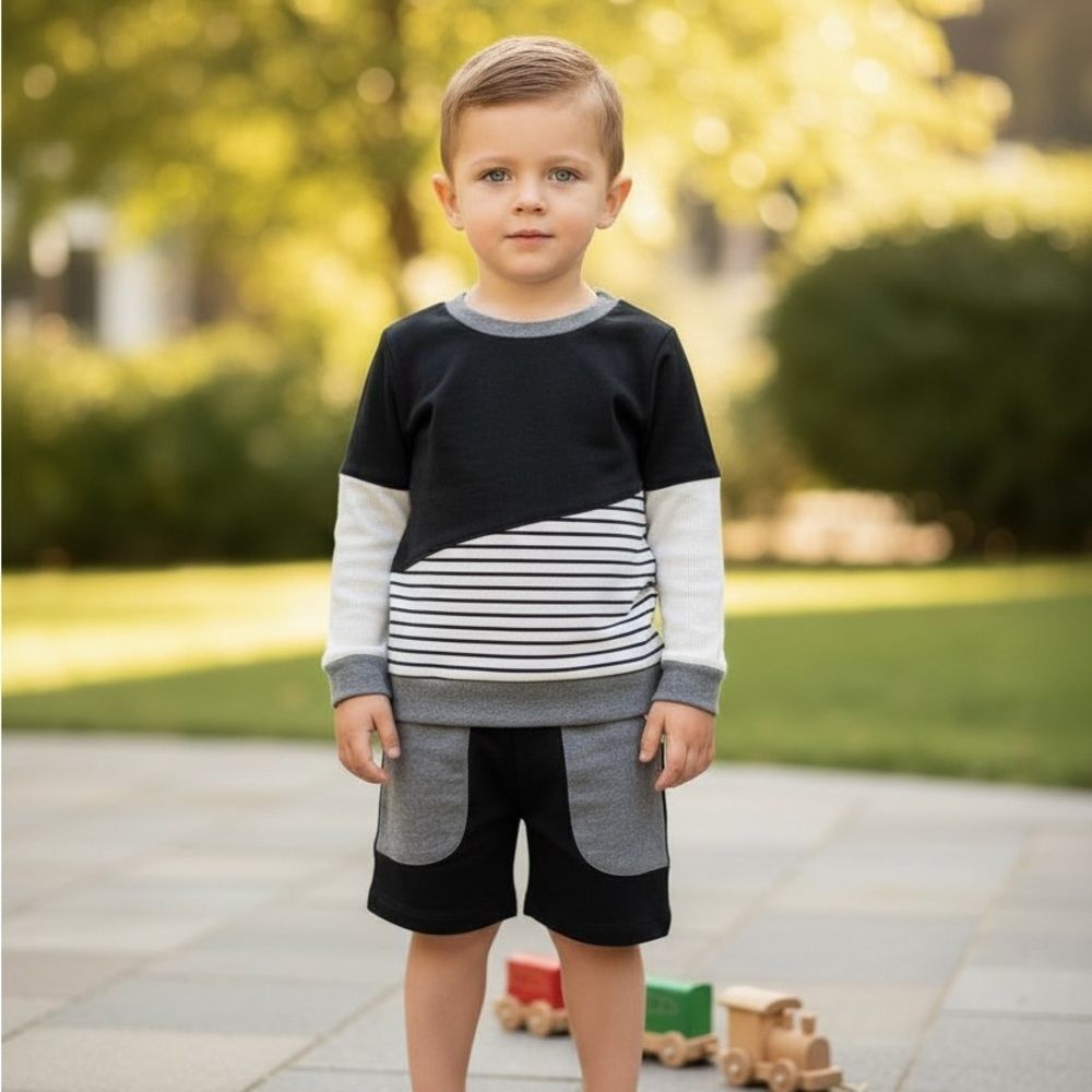 Miki Miette Kids Black, Gray and White Striped Tee and Shorts Set, 24mo, 2T